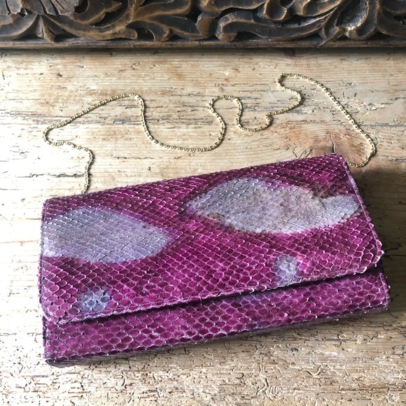 Vtg Purple Python Snakeskin Gold Chain Clutch Bag - Picture 13 of 17